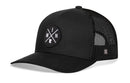 The Haka Hat Minnesota Trucker Hat | Black MIN X Snapback features a mesh back, curved brim, circular patch with crossed white lines, M and N letters, a small Minnesota outline, and an adjustable snapback for a perfect fit.