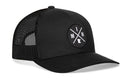 The Haka Hat Minnesota Trucker Hat | Black MIN X Snapback features a mesh back, adjustable snapback, and a round front patch with crossed lines, M and N letters, and a white Minnesota outline.