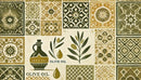 Georgetown Olive Oil Co. Picholine (Morocco) Extra Virgin Olive Oil bottle, olives, and leaves centered amid decorative green, gold, and cream-hued tiles with intricate patterns—featuring authentic extra virgin olive oil from Georgetown Olive Oil Co., renowned for its high polyphenol content.