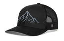 The Haka Hat Mountain Range Trucker Hat features a black design, mesh back, and embroidered white mountain outline on the front panel—classic trucker style from Haka Hat.