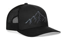 The Haka Hat Mountain Range Trucker Hat by Haka Hat is a black mesh snapback featuring an embroidered gray outline of mountain peaks on the front panel.