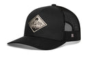 The Haka Hat Diamond Mountain and Trees Trucker Hat is a black outdoors snapback with a mesh back and front patch featuring a white mountain, trees, and sun design—ideal for any adventure.