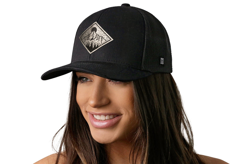 Mountain and Trees Faux Leather Trucker Hat Outdoors