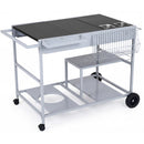 The DirectDeals Movable Grill Table with 2 Spice Containers and Station for Backyard and BBQ features wheels, a black countertop, dual sinks, side basket, storage shelves, and a trash bin cutout—ideal for outdoor cooking.