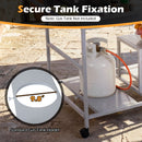 A propane tank is secured on the Movable Grill Table with 2 Spice Containers and Station for Backyard and BBQ by DirectDeals. Inset shows a 9.8-inch holder. Text: Secure Tank Fixation; Note: Gas Tank Not Included.