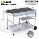 Enjoy outdoor cooking with the DirectDeals Movable Grill Table with 2 Spice Containers and Station for Backyard and BBQ—black tabletop (42x24.5), silver frame, two shelves, wire basket, trays, and wheels. Height: 31.5″.