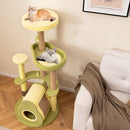Two cats relax on a green and yellow cat tree next to a beige sofa draped with a brown blanket. Nearby, the DirectDeals Folding Camping Table with Adjustable Heights Storage Net & Handle adds portable convenience. A framed print hangs above.