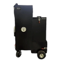 The Myron Mixon Gravity Fed Smoker G20 by Myron Mixon Smokers is a black vertical smoker grill on wheels, featuring a door-mounted temperature gauge and a latch on the side compartment, shown against a plain white background.