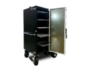 The Myron Mixon Gravity Fed Smoker G20 by Myron Mixon Smokers is shown with its door open, displaying five silver grill racks and an insulated pit against a white background.
