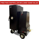The Myron Mixon Smokers Gravity Fed Smoker G20, a large black smoker on wheels, is shown. A red banner states: FREE FireBoard fan control system INCLUDED ($400 VALUE).