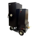 The Myron Mixon Gravity Fed Smoker G20 by Myron Mixon Smokers is a black, box-shaped smoker with two chambers, wheels, handles, a temperature gauge, and a brass valve at the bottom right, displayed against a white background.