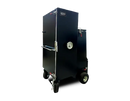 The Myron Mixon Gravity Fed Smoker G20 by Myron Mixon Smokers is a large, black, vertical smoker on wheels with a metal handle, front door thermometer, and visible hinges and latches, shown against a plain white background.