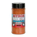 A 12-ounce container of Myron Mixon Rib & Pork Kit seasoning, perfect for pulled pork or with your favorite BBQ sauce, features a red and blue label with cartoon pigs and "4 Time World Champion" on the front.