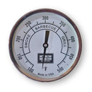The Myron Mixon Smokers 5" High Visibility Temperature Gauge displays about 275°F, with zones for Smoke, Barbecue, and Grill. The dial features the Myron Mixon Smokers logo at the center and "Made in USA" at the bottom.