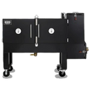 The Myron Mixon Gravity Fed Smoker RFG-60 by Myron Mixon Smokers is a black, rectangular competition smoker on four wheels, with dual front doors featuring temperature gauges and silver handles, plus a side firebox for fuel.