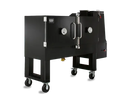 The Myron Mixon Smokers Gravity Fed Smoker RFG-60 is a large black smoker on wheels with dual doors, sturdy legs, and built-in temperature gauges, designed for competition-level smoking, shown against a plain white background.