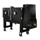 The Myron Mixon Smokers Gravity Fed Smoker RFG-60 is a large black metal smoker on wheels, made in the USA, with dual front doors, handles, temperature gauges, and a side compartment with latch and spout for competition-level outdoor smoking.