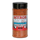 A 12 oz jar of Myron Mixon Honey Money Cluck BBQ Seasoning features a black lid, red and gray label with chickens, and "4 time world champion"—ideal for adding bold flavor to chicken.
