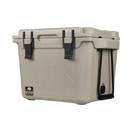 Tan 25-quart cooler by Bison Coolers with black latches and rope handles.