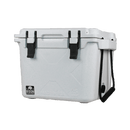 White 25 quart cooler by Bison Coolers with black latches and rope handles.