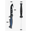 The Dalstrong Fishing Hook Knife 5" Night Shark Series (NSF Certified) features blade length 5", handle length 5.5", handle width 0.8", blade width 1.1", and blade thickness 3mm, shown in black and blue from side and top views.