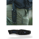 In the top image, a DALSTRONG Night Shark Series 5" Fishing Hook Knife in a black sheath is strapped to khaki pants. The bottom image shows a close-up of its sheathed NSF Certified blade on a white background.