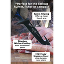 A gloved hand uses the DALSTRONG Dalstrong Fishing Hook Knife 5" Night Shark Series NSF Certified to cut meat. Text highlights spine jimping, titanium nitride coating, and 7CR17MOV stainless steel features against a camouflage background.
