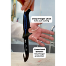 A hand holds the Dalstrong Fishing Hook Knife 5" from the Night Shark Series, highlighting its deep finger choil for safe pull-cutting and oversized bolster for protection. NSF Certified by DALSTRONG. The background shows a blurred sink and countertop.