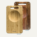 Two rectangular NULU Signature Cutting Boards by NULU Inc.—one crafted from light bamboo and the other from darker acacia wood—each feature labeled bottoms. The bamboo board includes an integrated mincing bowl, and both boards are designed with handles at the top for easy carrying.