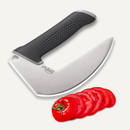 The NULU Knife with Sheath by NULU Inc. is pictured above five slices of a red tomato, its curved blade and black textured handle displayed prominently, while a whole tomato is partially visible at the edge.