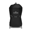 A black kettle grill is shielded by a water-resistant Napoleon Grills 22 Inch Charcoal Grill Cover (61915), standing on four short metal legs against a white background.