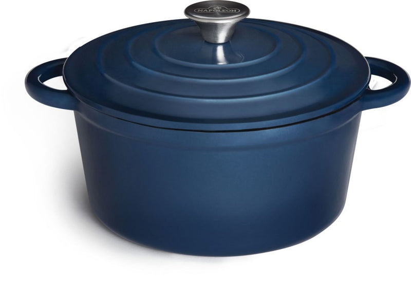 Napoleon 4.5 Qt blue enameled cast iron casserole dish on grill at DDR BBQ Supply