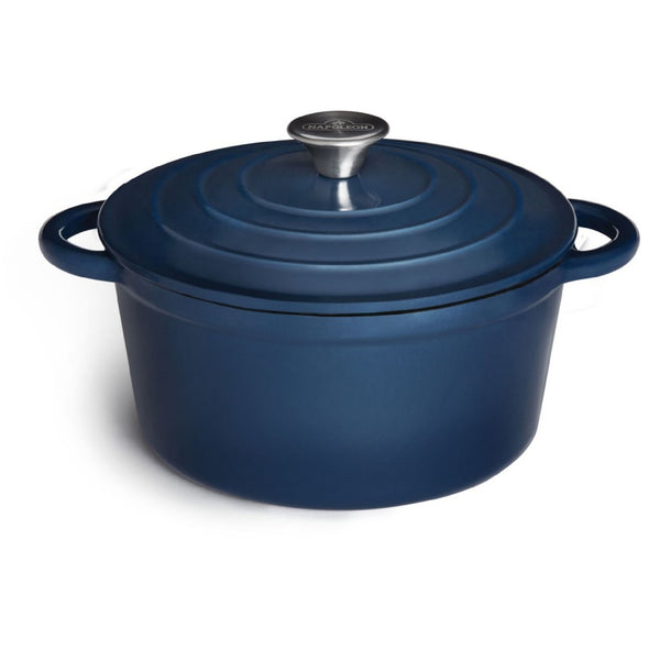 Napoleon 4.5 Qt blue enameled cast iron casserole dish on grill at DDR BBQ Supply