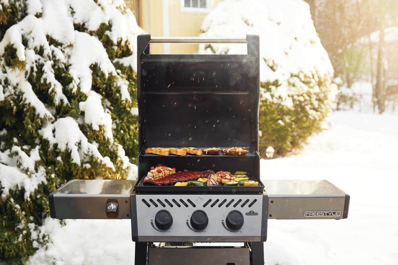 Napoleon Freestyle 365 Natural Gas Grill F365DNGT a 3-Burner Compact Gas Grill with Folding Shelves, JETFIRE Ignition, and Cast Iron Grates from DDR BBQ Supply