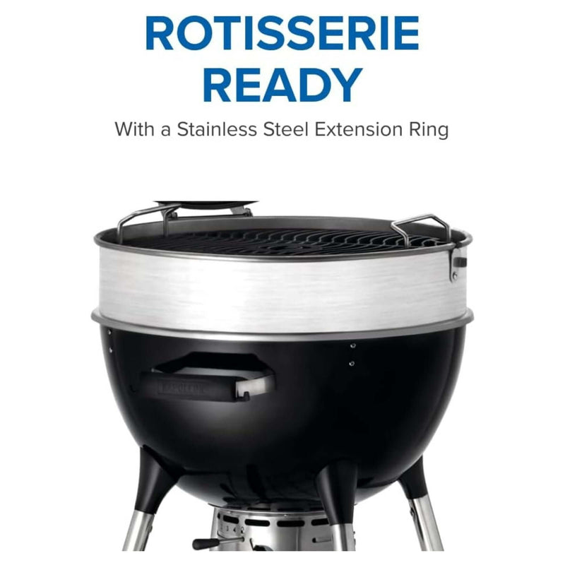 Napoleon PRO22 charcoal kettle grill with adjustable cast iron grates and rotisserie-ready lid