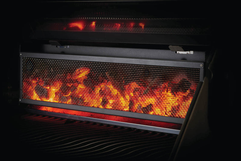 Napoleon PRO605CSS stainless steel charcoal cart grill with rear rotisserie burner and adjustable charcoal tray rotisserrie feature