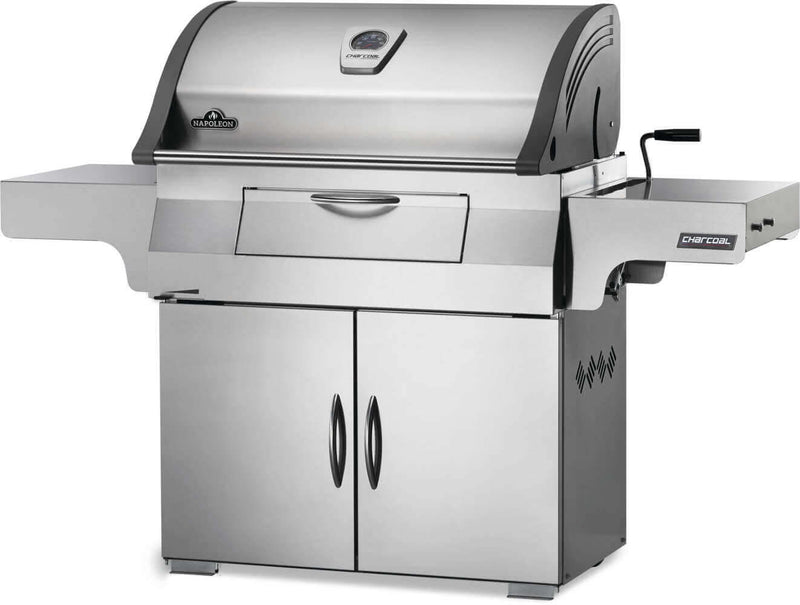 Napoleon PRO605CSS stainless steel charcoal cart grill with rear rotisserie burner and adjustable charcoal tray front view