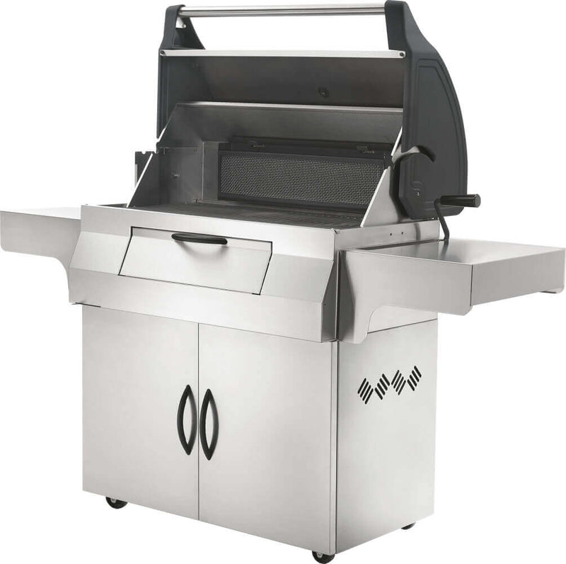 Napoleon PRO605CSS stainless steel charcoal cart grill with rear rotisserie burner and adjustable charcoal tray view of side