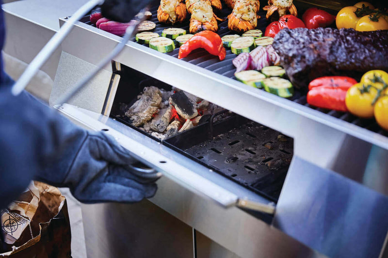Napoleon PRO605CSS stainless steel charcoal cart grill with rear rotisserie burner and adjustable charcoal tray access