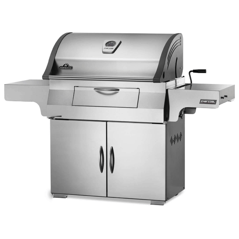 Napoleon PRO605CSS stainless steel charcoal cart grill with rear rotisserie burner and adjustable charcoal tray