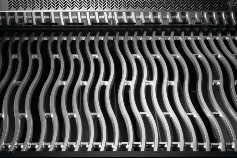 Napoleon Phantom Prestige 500 Connected Grill with WiFi, Bluetooth, infrared side and rear burners, and integrated rotisserie kit close up of grill grates
