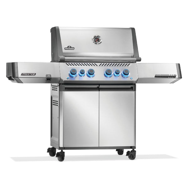 Napoleon Prestige 500 RSIB grill with 6 burners, rotisserie kit, LED knobs, and infrared side and rear burners