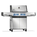 The Napoleon Grills Prestige 500 RSIB Stand Alone Gas Grill features stainless steel build, four control knobs, lid thermometer, side shelves, two cabinet doors, four caster wheels, and infrared side and rear burners for superior searing.