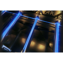 Close-up of blue flames on metal burners inside a Napoleon Grills Prestige 500 Stand Alone Gas Grill Connected Wi-Fi RSIB with Side & Rear Burner, showing reflections on shiny surfaces and optional infrared burners.