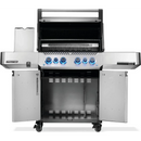 The Napoleon Grills Prestige 500 RSIB Stand Alone Gas Grill features four blue-lit control knobs, a left infrared side burner, rear burner, open lid showing cooking grates, storage cabinets underneath, and smooth-rolling wheels.