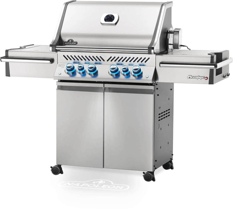 Napoleon Prestige PRO 500 RSIB gas grill with 6 burners, stainless steel body, infrared rear and side burners, and rotisserie kit