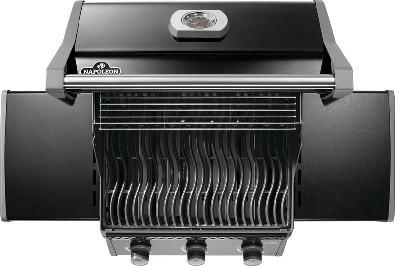 Napoleon Rogue 425 gas grill with foldable side shelves and porcelain cast iron grates at DDR BBQ Supply