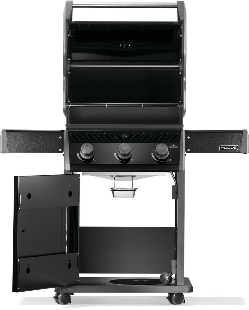 Napoleon Rogue 425 gas grill with foldable side shelves and porcelain cast iron grates at DDR BBQ Supply