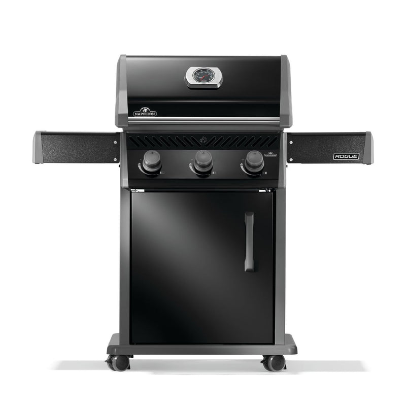 Napoleon Rogue 425 gas grill with foldable side shelves and porcelain cast iron grates at DDR BBQ Supply
