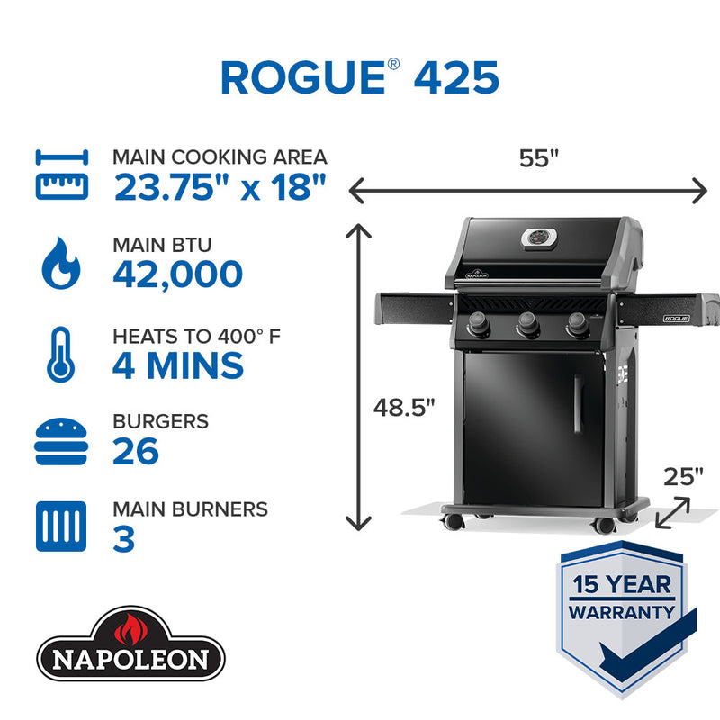 Napoleon Rogue 425 gas grill with foldable side shelves and porcelain cast iron grates at DDR BBQ Supply